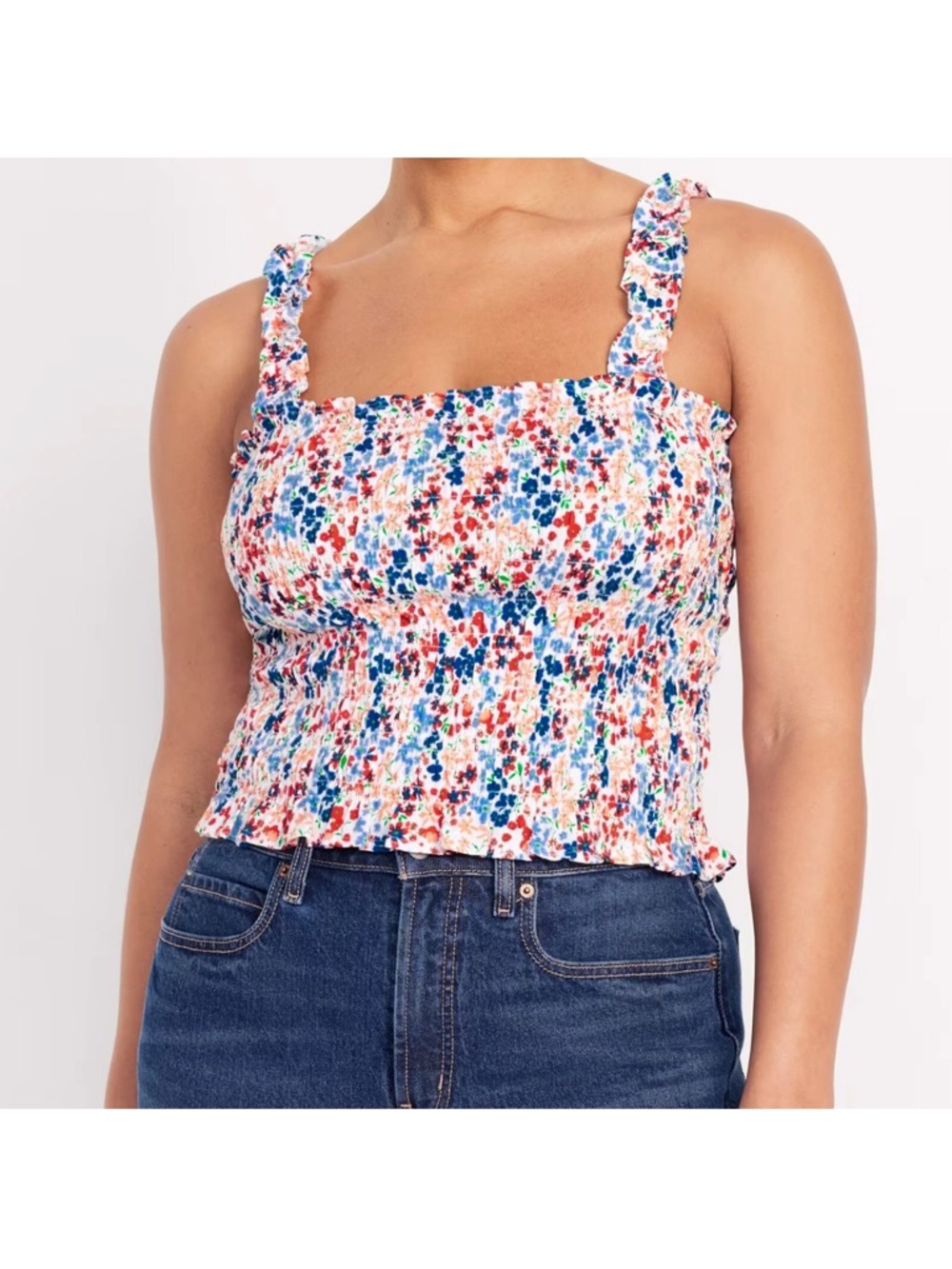Old Navy Smocked Floral Square-Neck Tank Top - Blue Red Floral new NWT summer